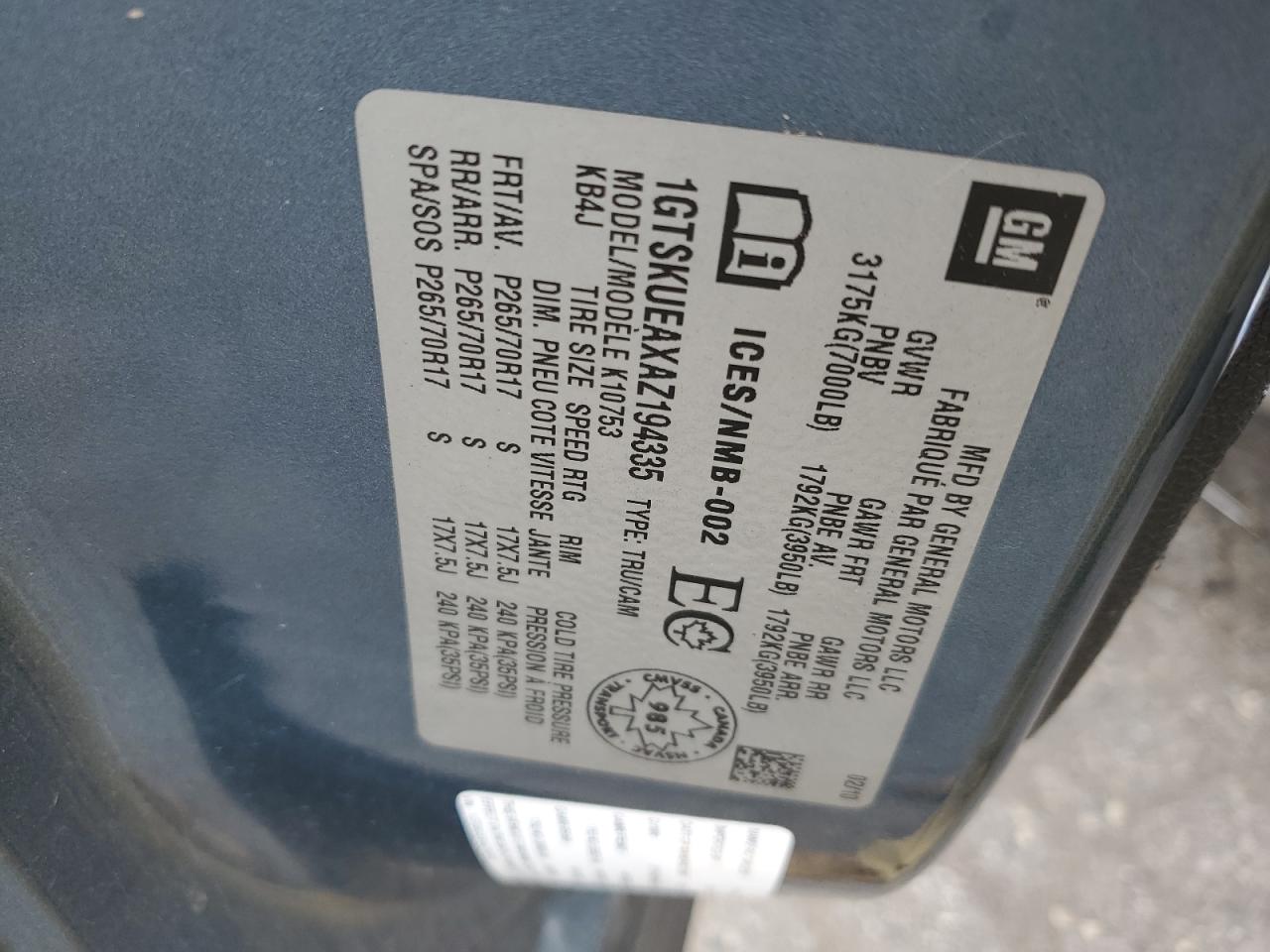 1GTSKUEAXAZ194335 2010 GMC Sierra K1500 Sl