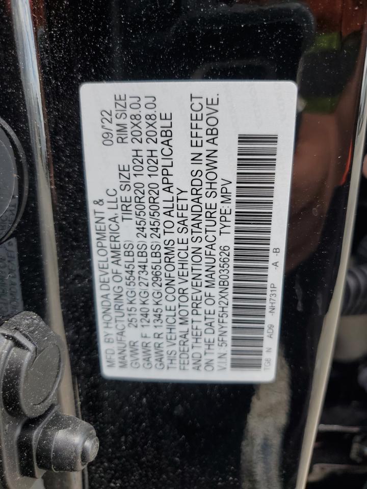 5FNYF5H2XNB035626 2022 Honda Pilot Se