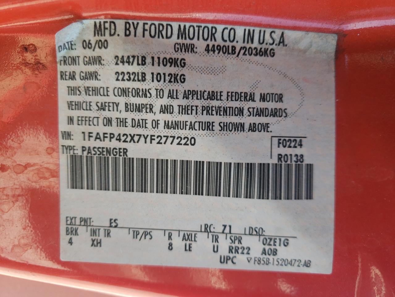 1FAFP42X7YF277220 2000 Ford Mustang Gt
