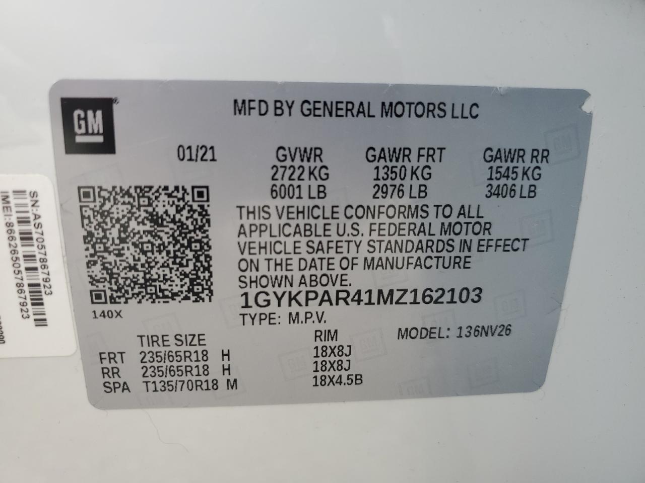 1GYKPAR41MZ162103 2021 Cadillac Xt6 Luxury