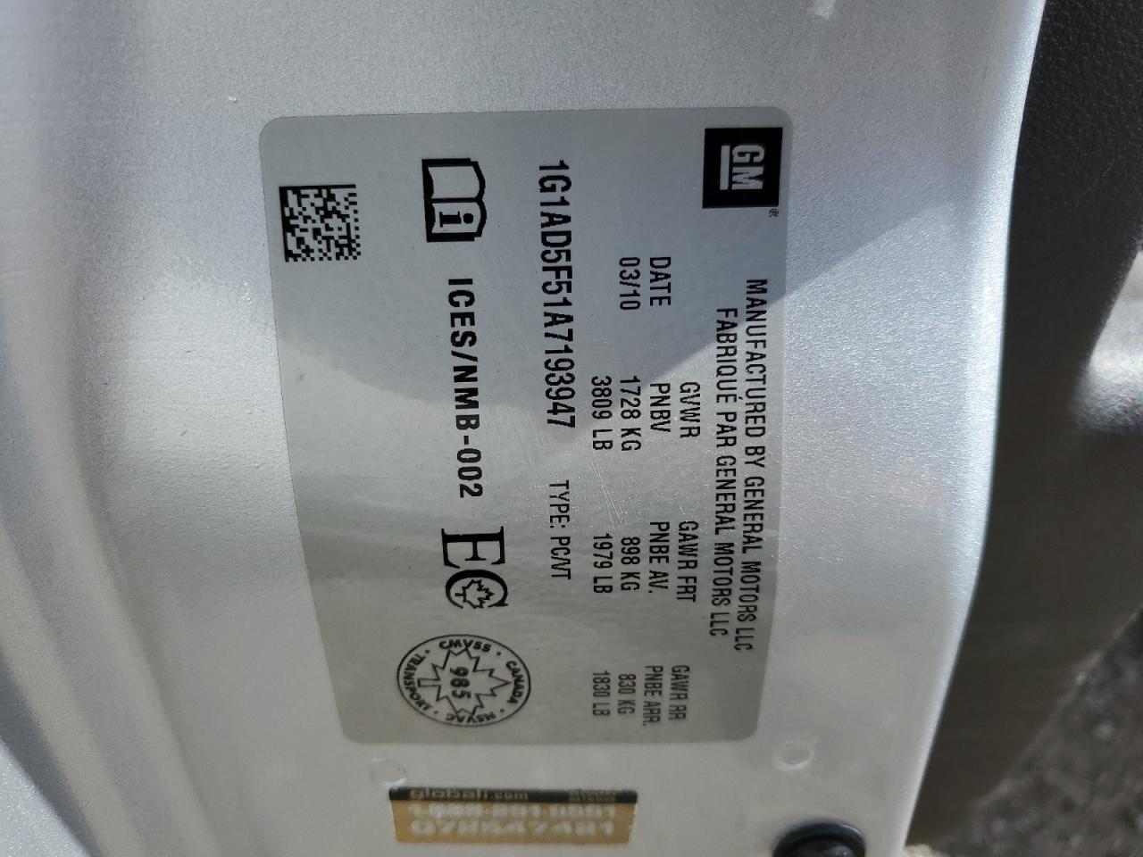 1G1AD5F51A7193947 2010 Chevrolet Cobalt 1Lt