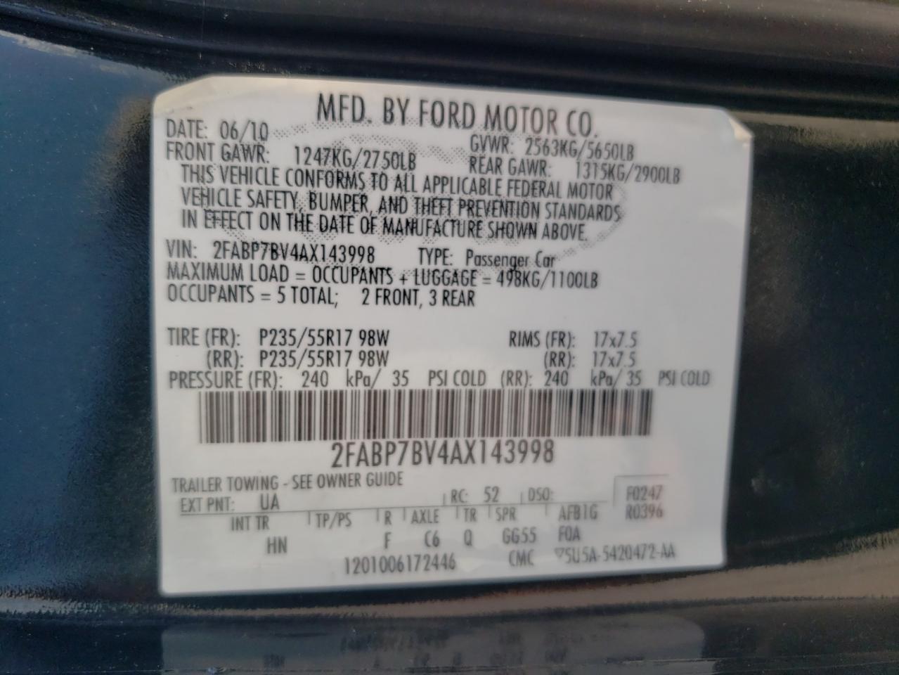 2FABP7BV4AX143998 2010 Ford Crown Victoria Police Interceptor