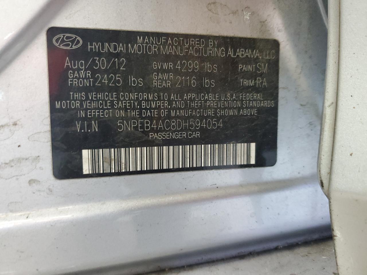5NPEB4AC8DH594054 2013 Hyundai Sonata Gls