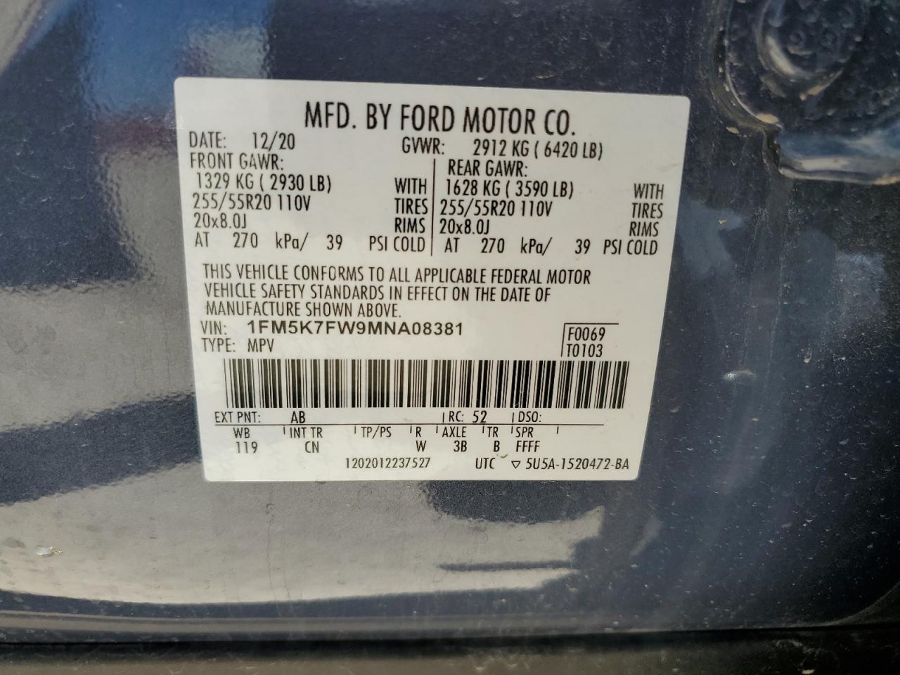 1FM5K7FW9MNA08381 2021 Ford Explorer Limited