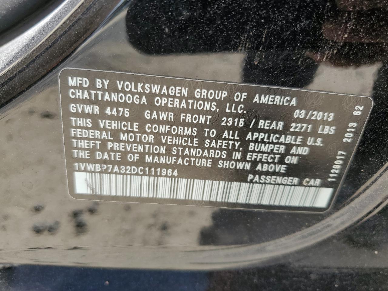 1VWBP7A32DC111964 2013 Volkswagen Passat Se