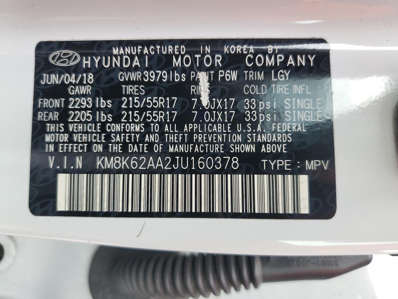 KM8K62AA2JU160378 2018 Hyundai Kona Sel