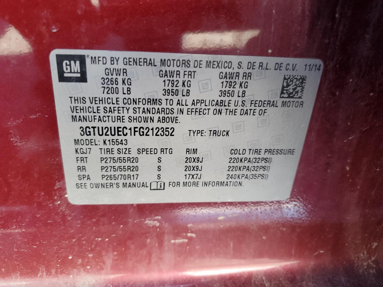 3GTU2UEC1FG212352 2015 GMC Sierra K1500 Sle