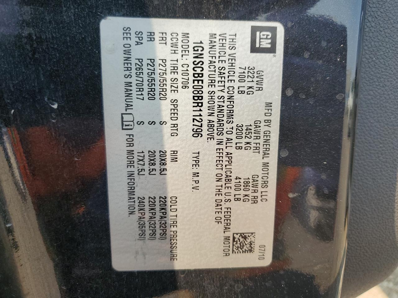 1GNSCBE08BR112796 2011 Chevrolet Tahoe C1500 Lt