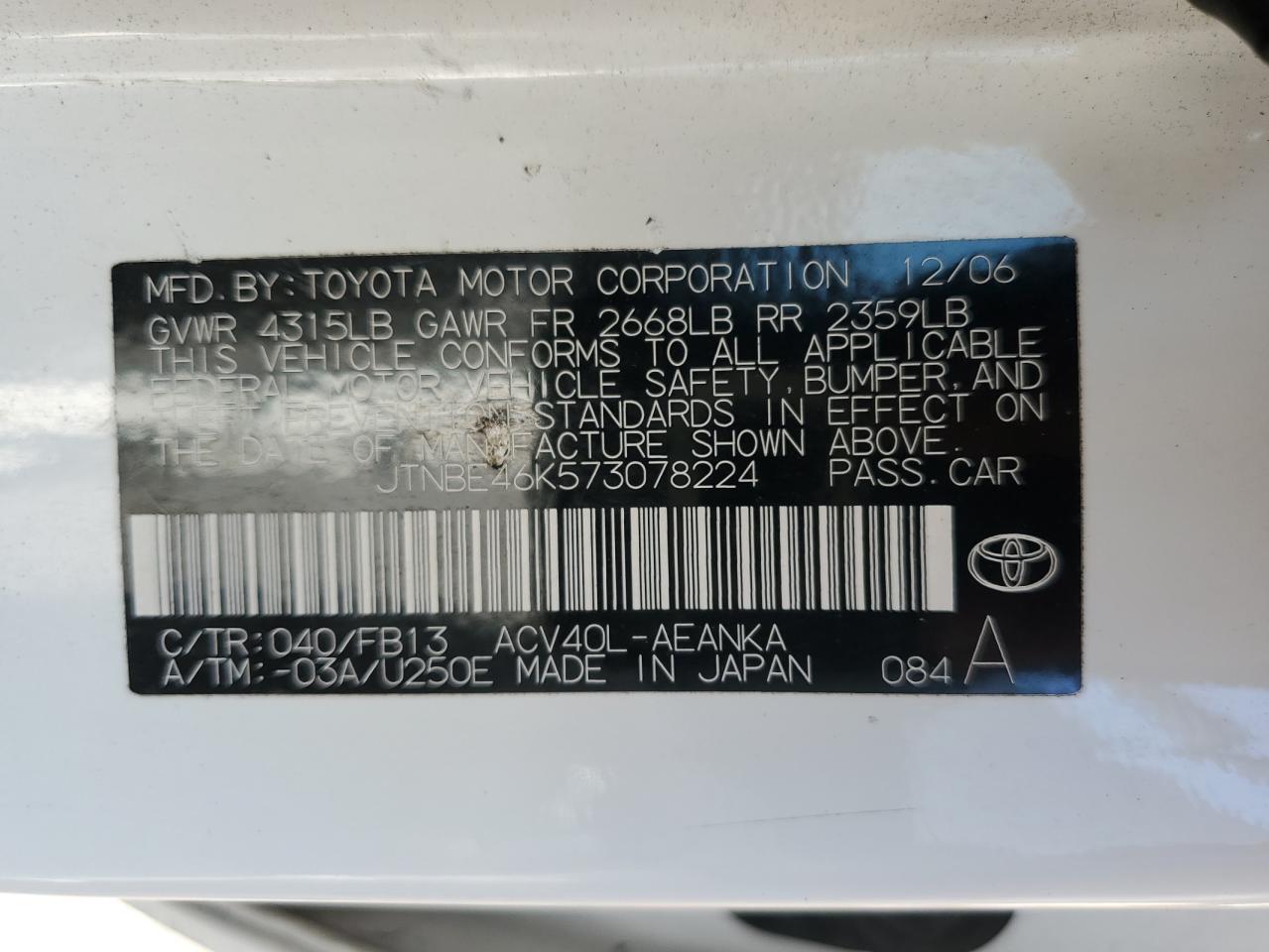 JTNBE46K573078224 2007 Toyota Camry Ce