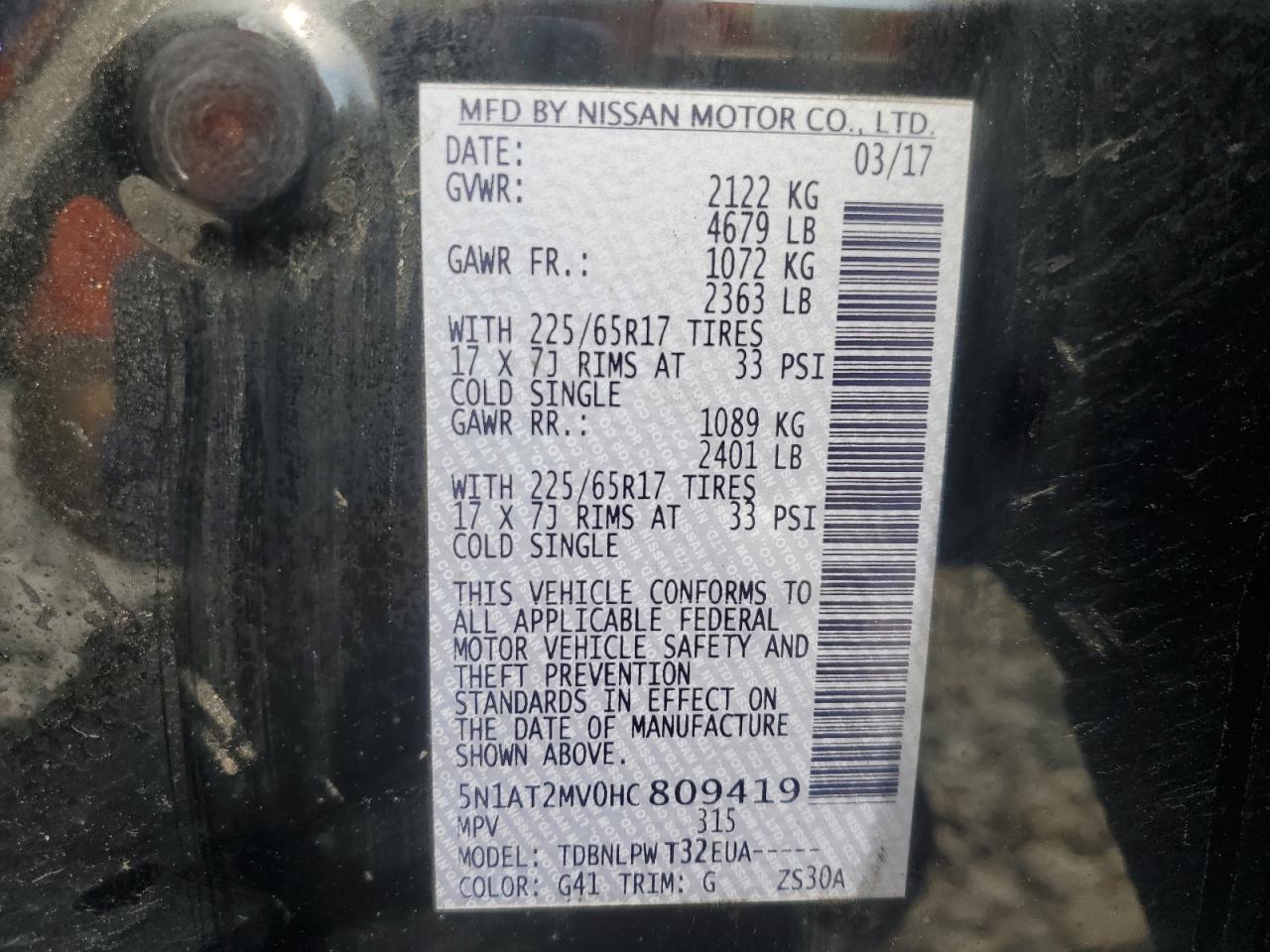 5N1AT2MV0HC809419 2017 Nissan Rogue Sv