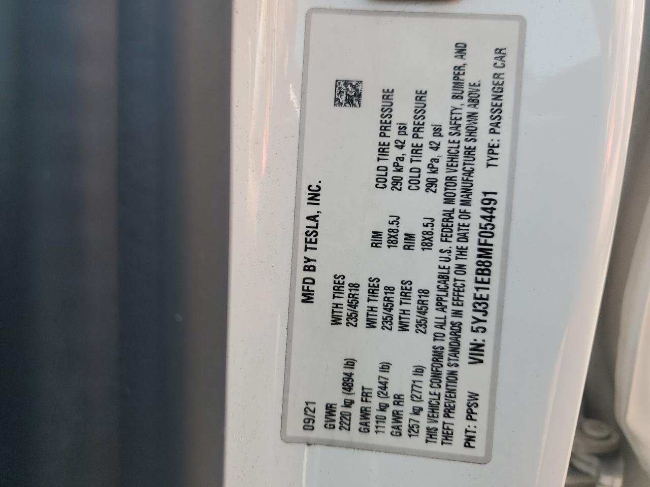 5YJ3E1EB8MF054491 2021 Tesla Model 3