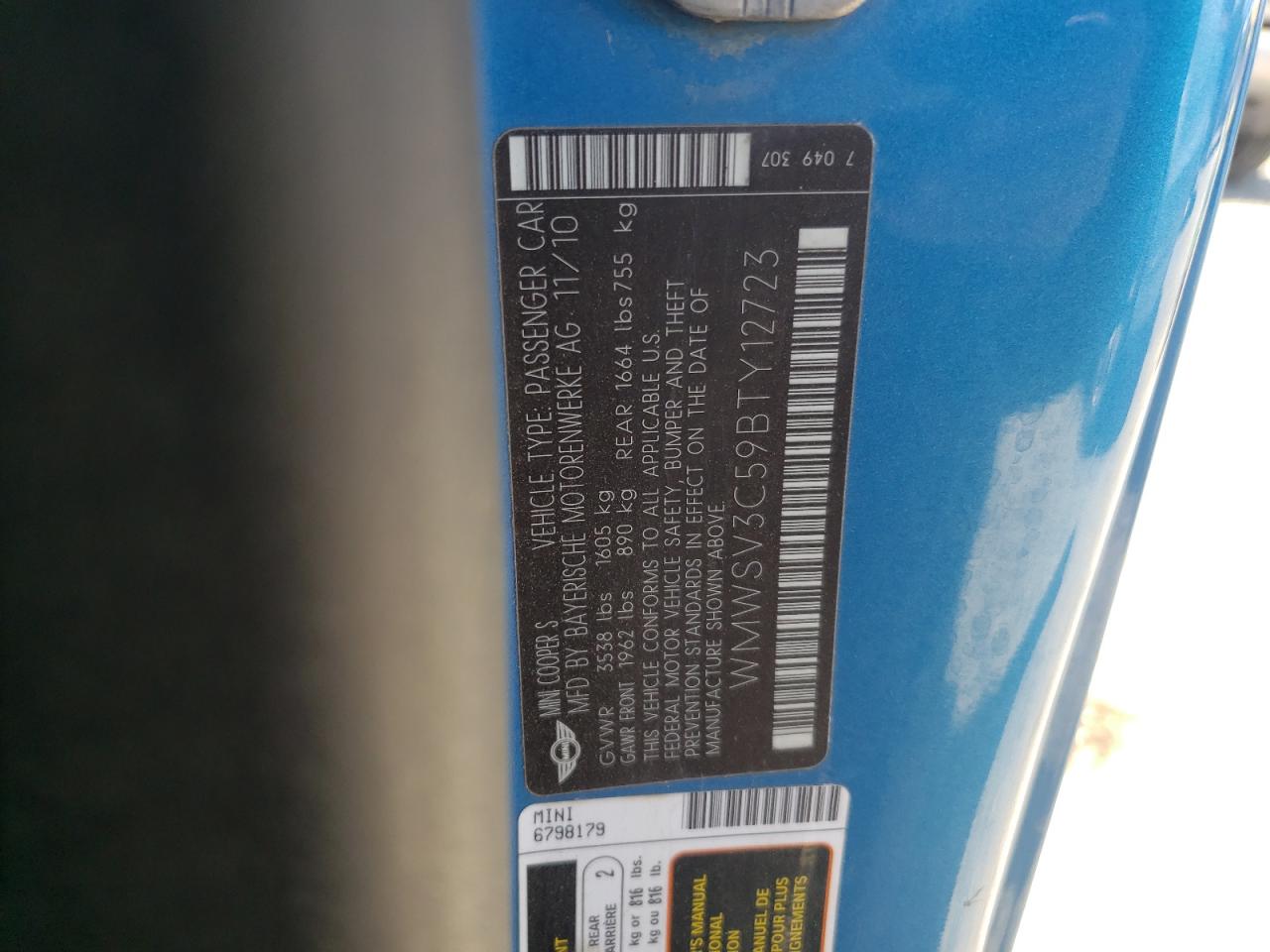 WMWSV3C59BTY12723 2011 Mini Cooper S