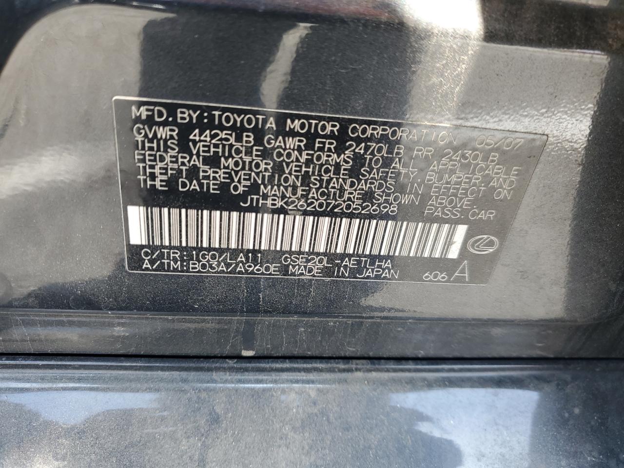 JTHBK262072052698 2007 Lexus Is 250