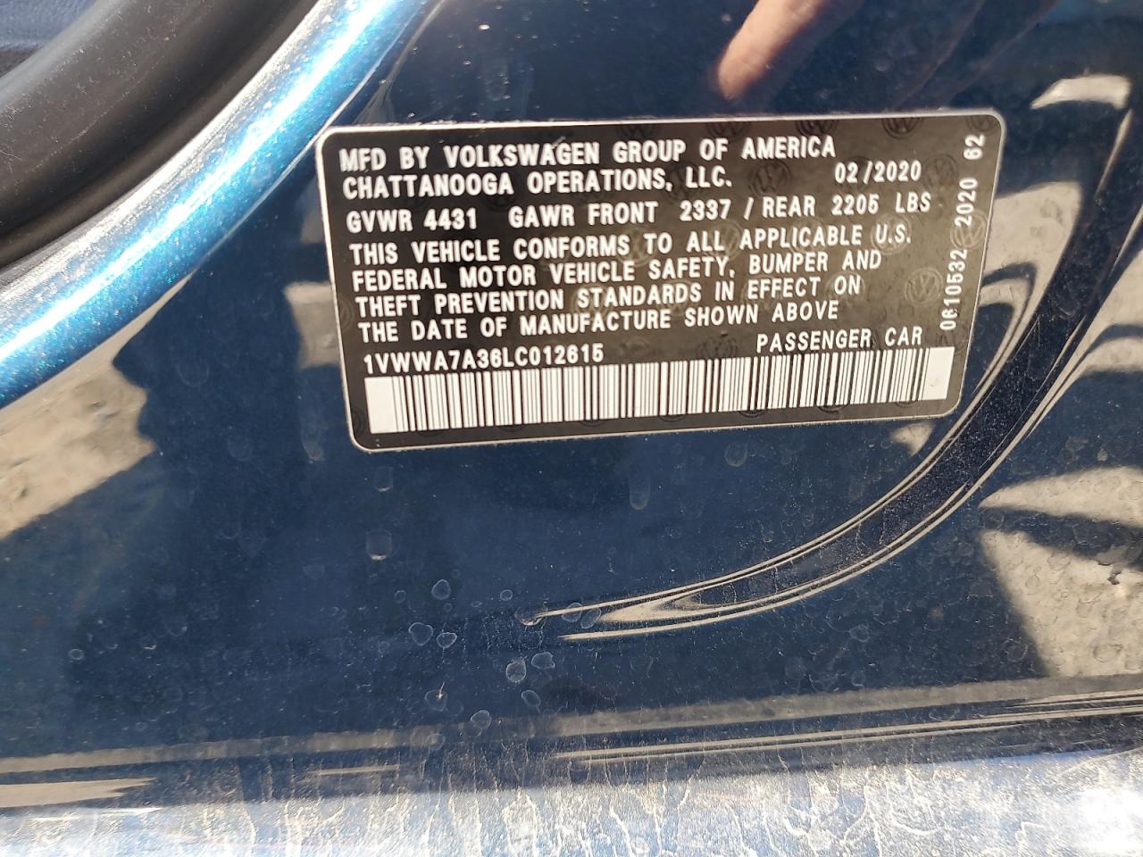1VWWA7A36LC012615 2020 Volkswagen Passat Se