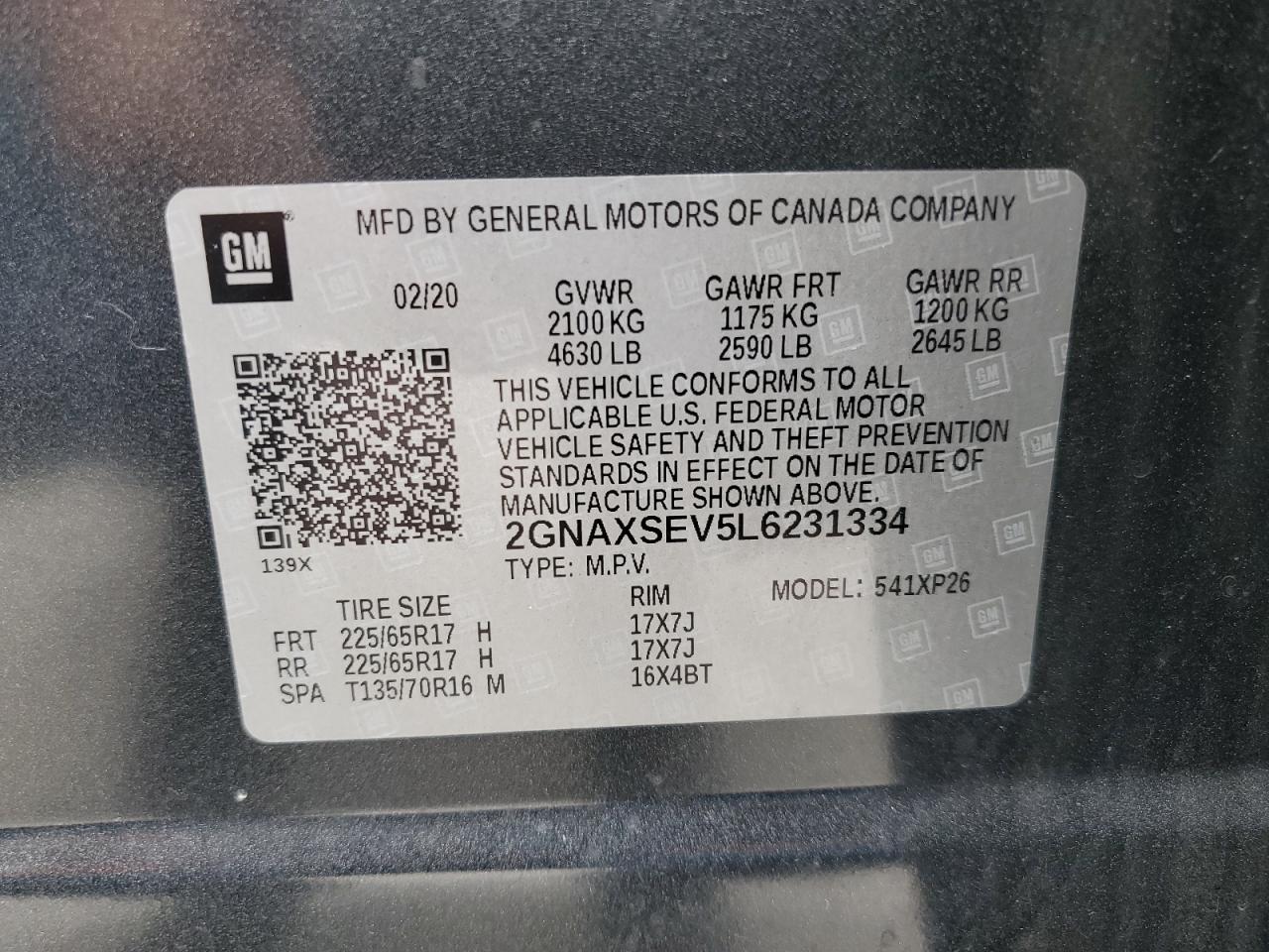 2GNAXSEV5L6231334 2020 Chevrolet Equinox Ls