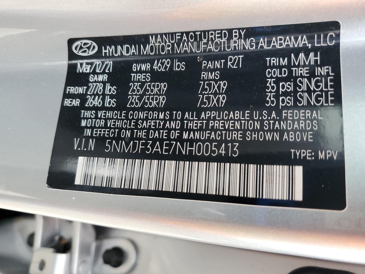 5NMJF3AE7NH005413 2022 Hyundai Tucson Sel