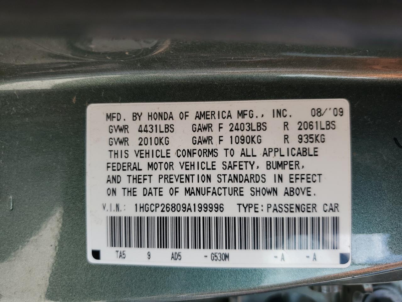 1HGCP26809A199996 2009 Honda Accord Exl
