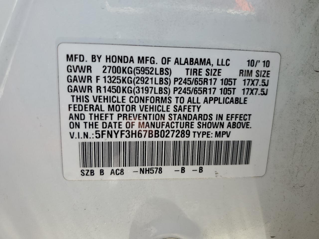 5FNYF3H67BB027289 2011 Honda Pilot Exl