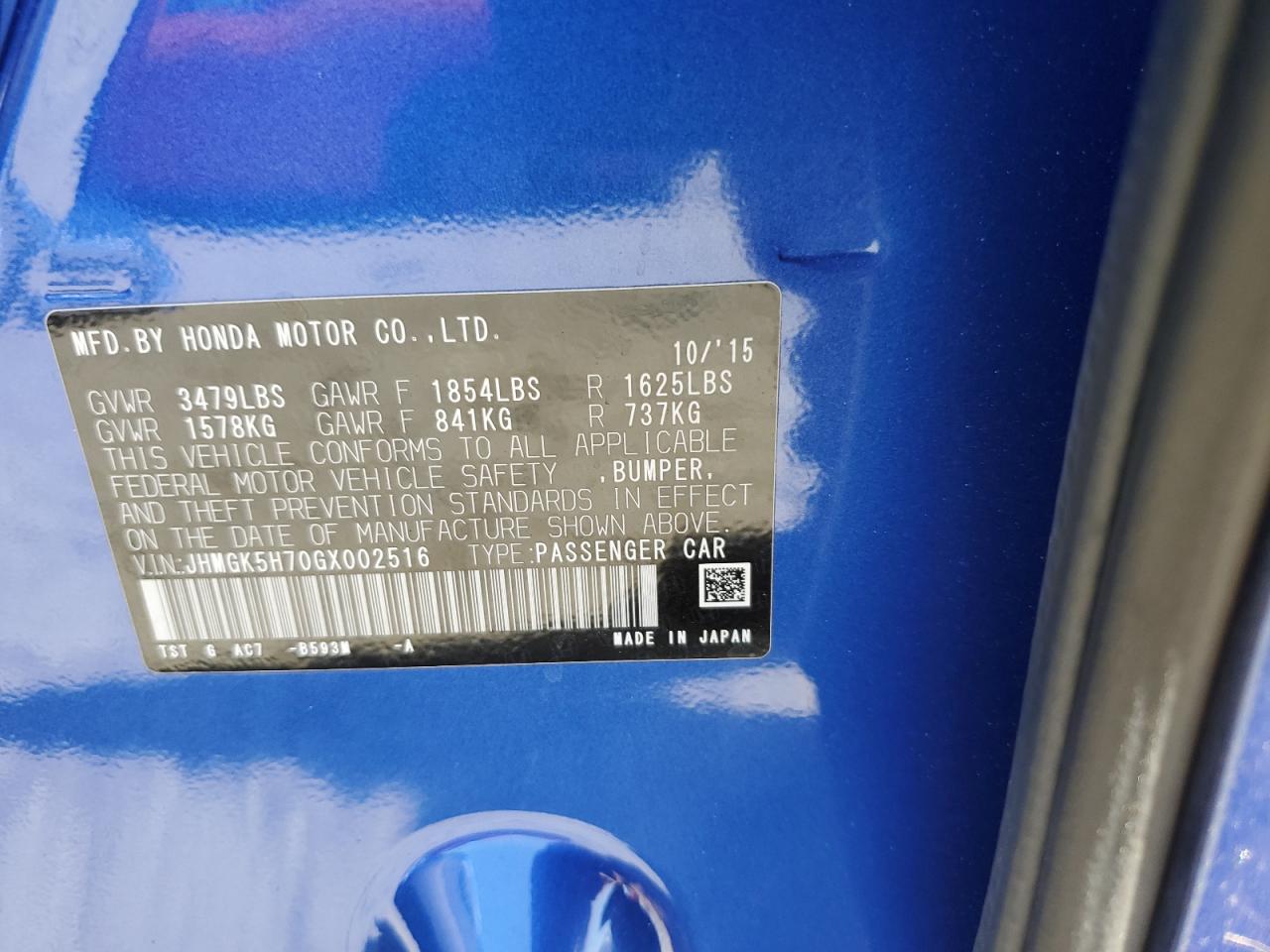 JHMGK5H70GX002516 2016 Honda Fit Ex