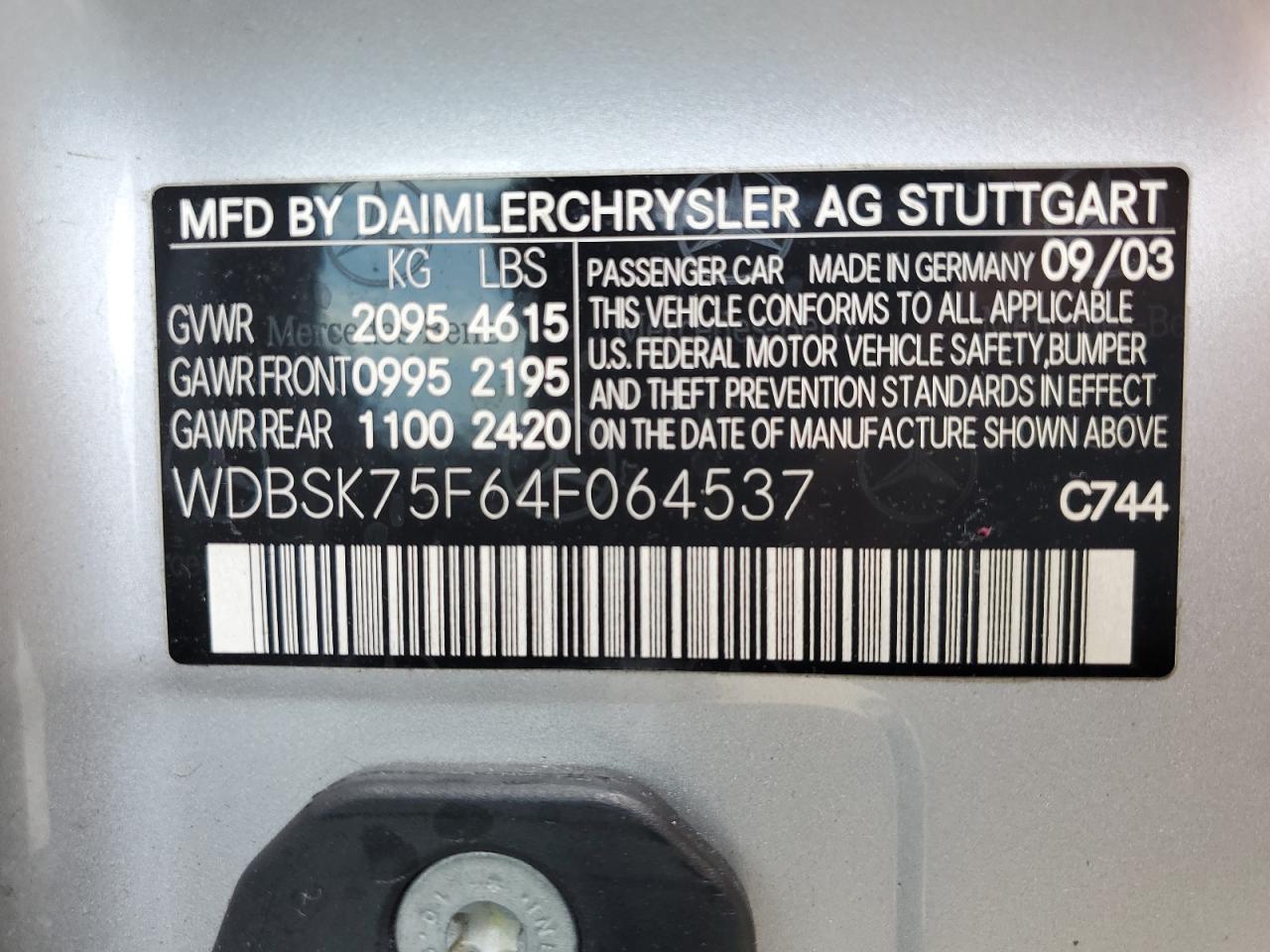 WDBSK75F64F064537 2004 Mercedes-Benz Sl 500