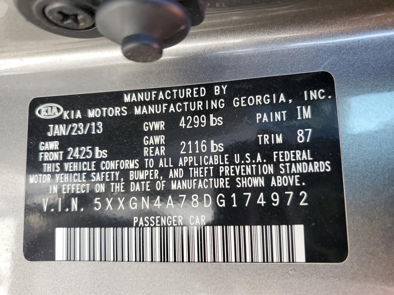 5XXGN4A78DG174972 2013 Kia Optima Ex