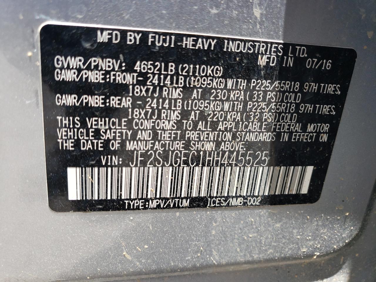 JF2SJGEC1HH445525 2017 Subaru Forester 2.0Xt Premium