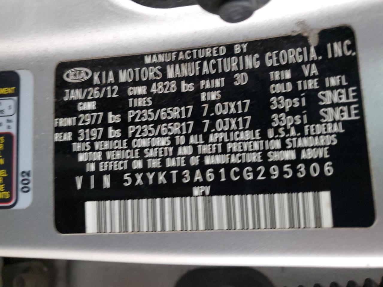 5XYKT3A61CG295306 2012 Kia Sorento Base