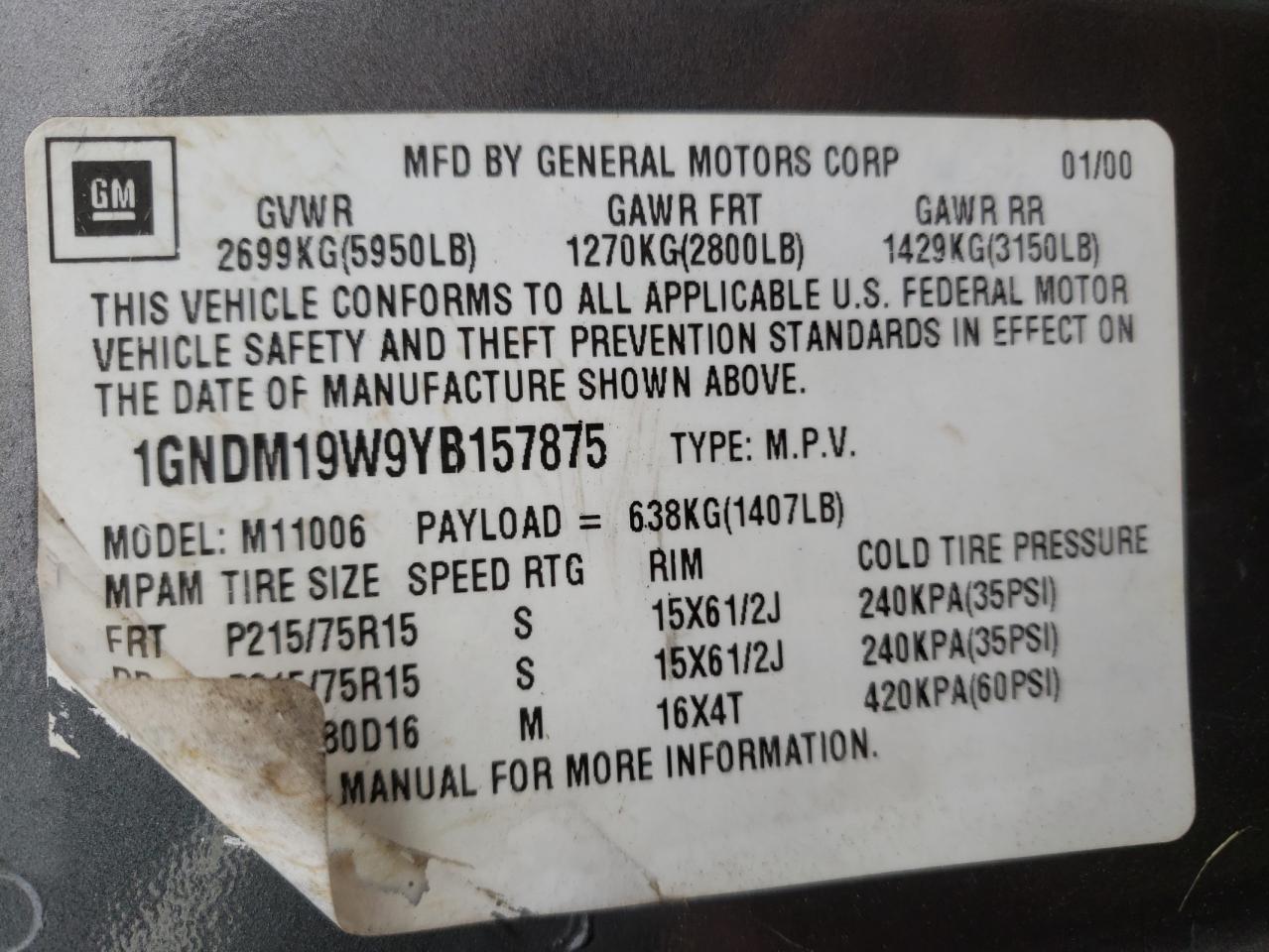 1GNDM19W9YB157875 2000 Chevrolet Astro