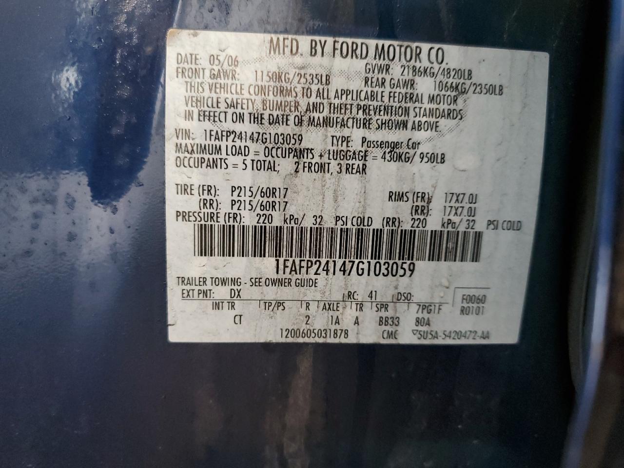 1FAFP24147G103059 2007 Ford Five Hundred Sel