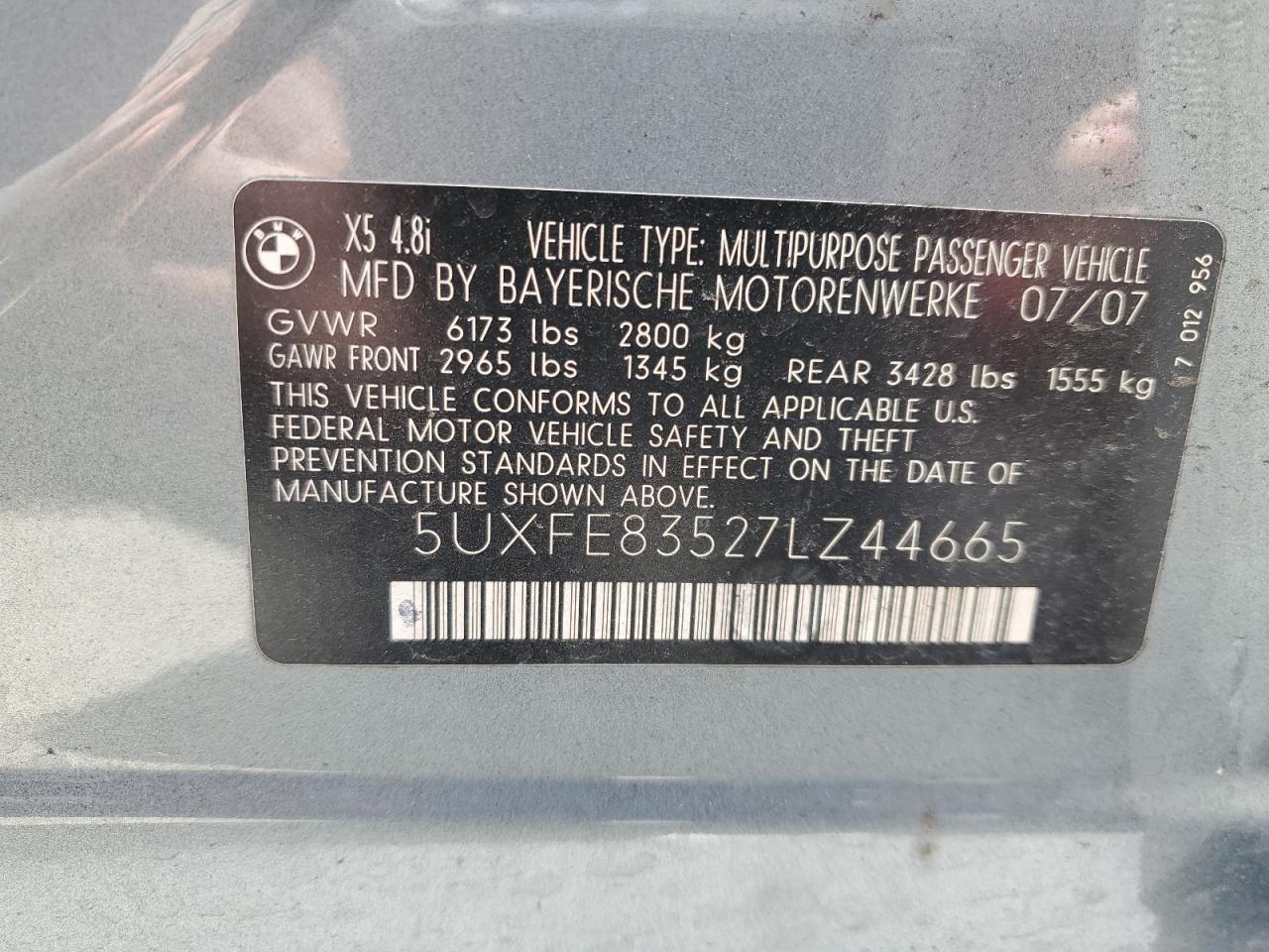 5UXFE83527LZ44665 2007 BMW X5 4.8I