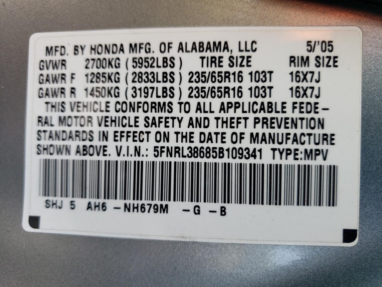 5FNRL38685B109341 2005 Honda Odyssey Exl