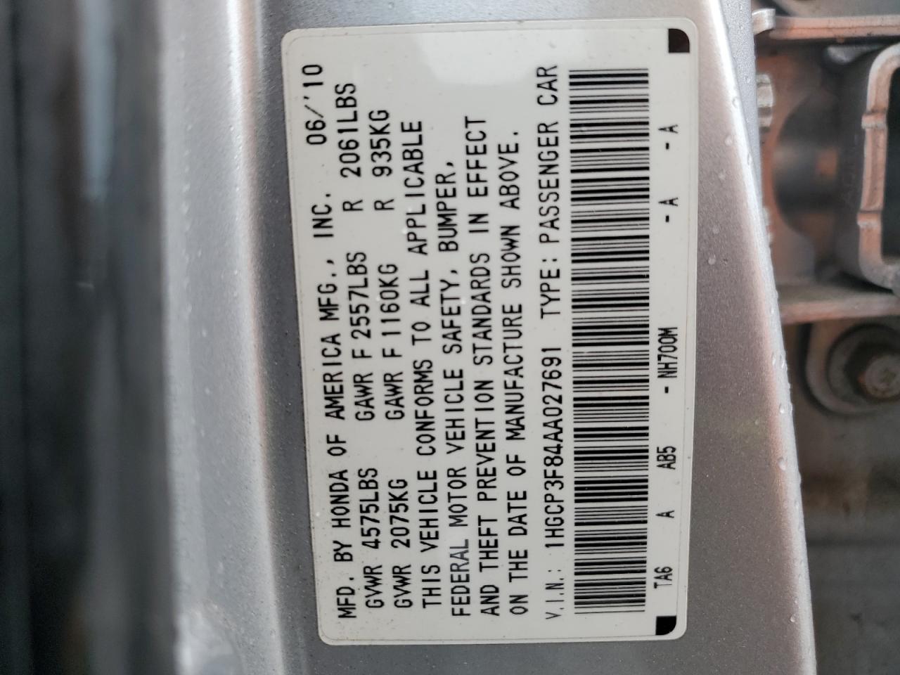 1HGCP3F84AA027691 2010 Honda Accord Exl