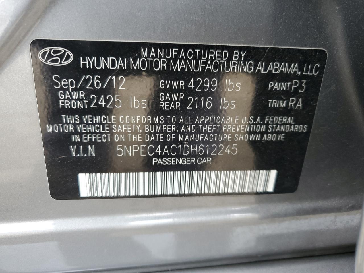 2013 Hyundai Sonata Se vin: 5NPEC4AC1DH612245