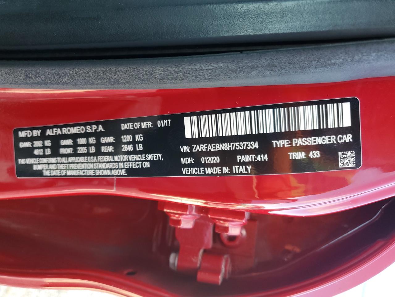 ZARFAEBN8H7537334 2017 Alfa Romeo Giulia