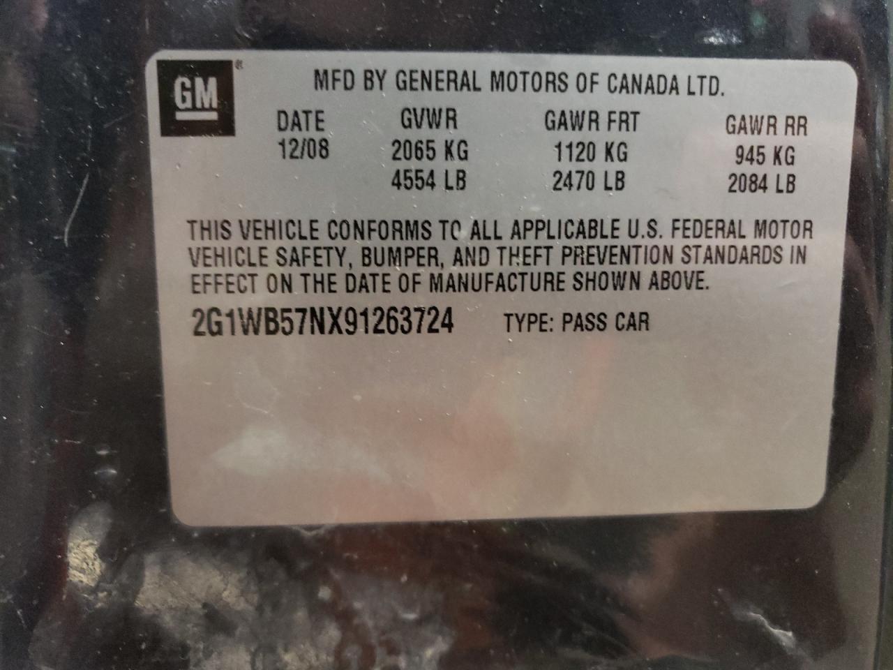 2G1WB57NX91263724 2009 Chevrolet Impala Ls