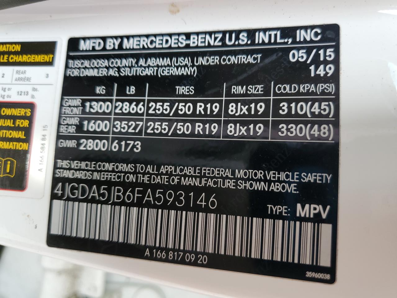 4JGDA5JB6FA593146 2015 Mercedes-Benz Ml 350