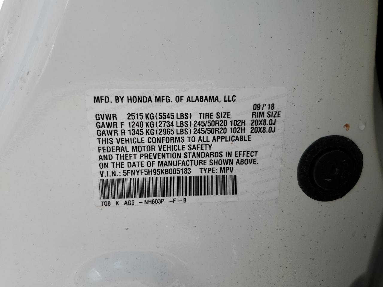 5FNYF5H95KB005183 2019 Honda Pilot Touring