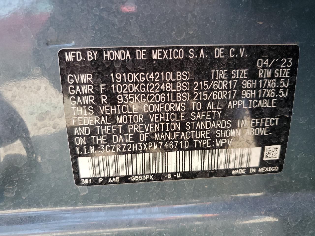 3CZRZ2H3XPM746710 2023 Honda Hr-V Lx