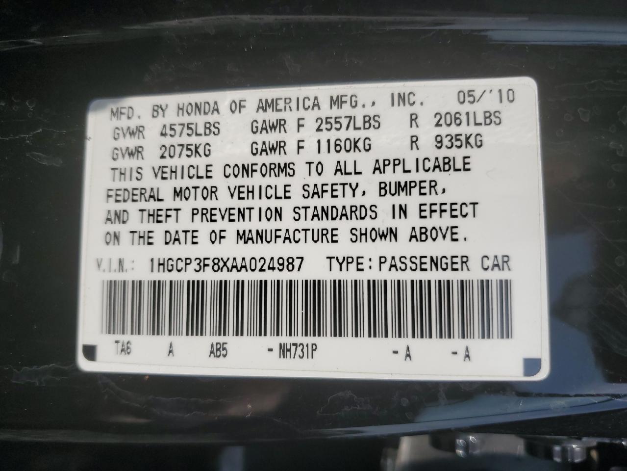 1HGCP3F8XAA024987 2010 Honda Accord Exl