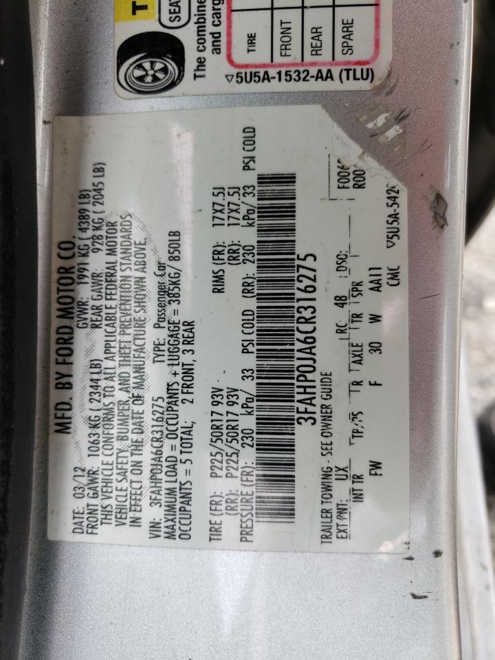 3FAHP0JA6CR316275 2012 Ford Fusion Sel