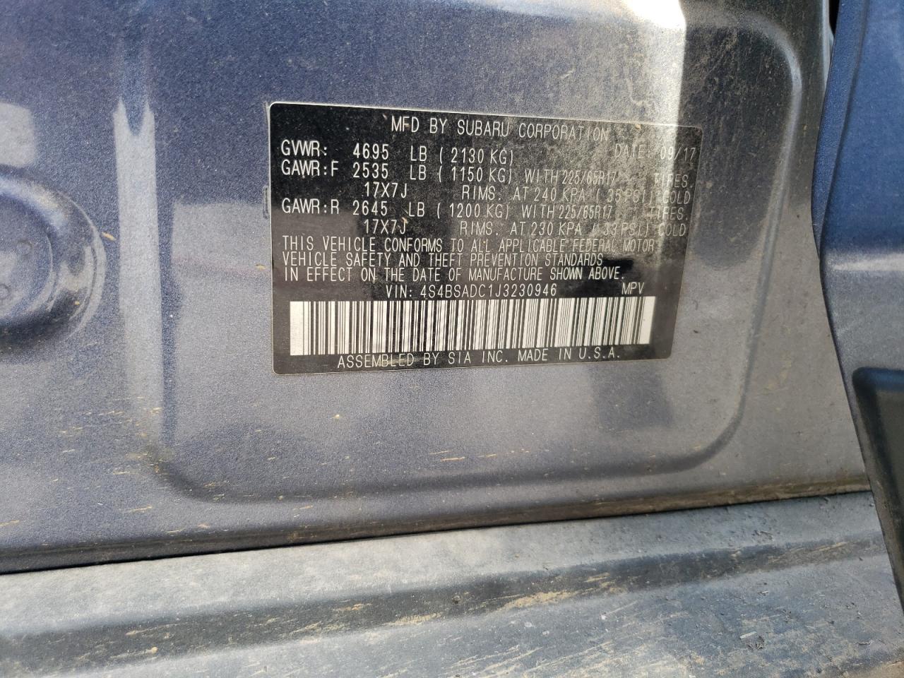 4S4BSADC1J3230946 2018 Subaru Outback 2.5I Premium