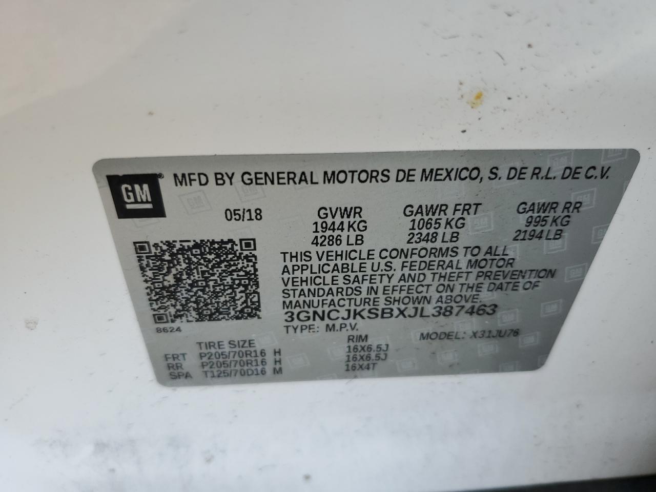 3GNCJKSBXJL387463 2018 Chevrolet Trax Ls