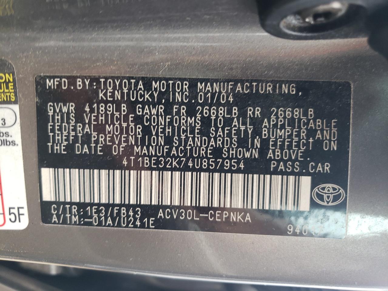4T1BE32K74U857954 2004 Toyota Camry Le