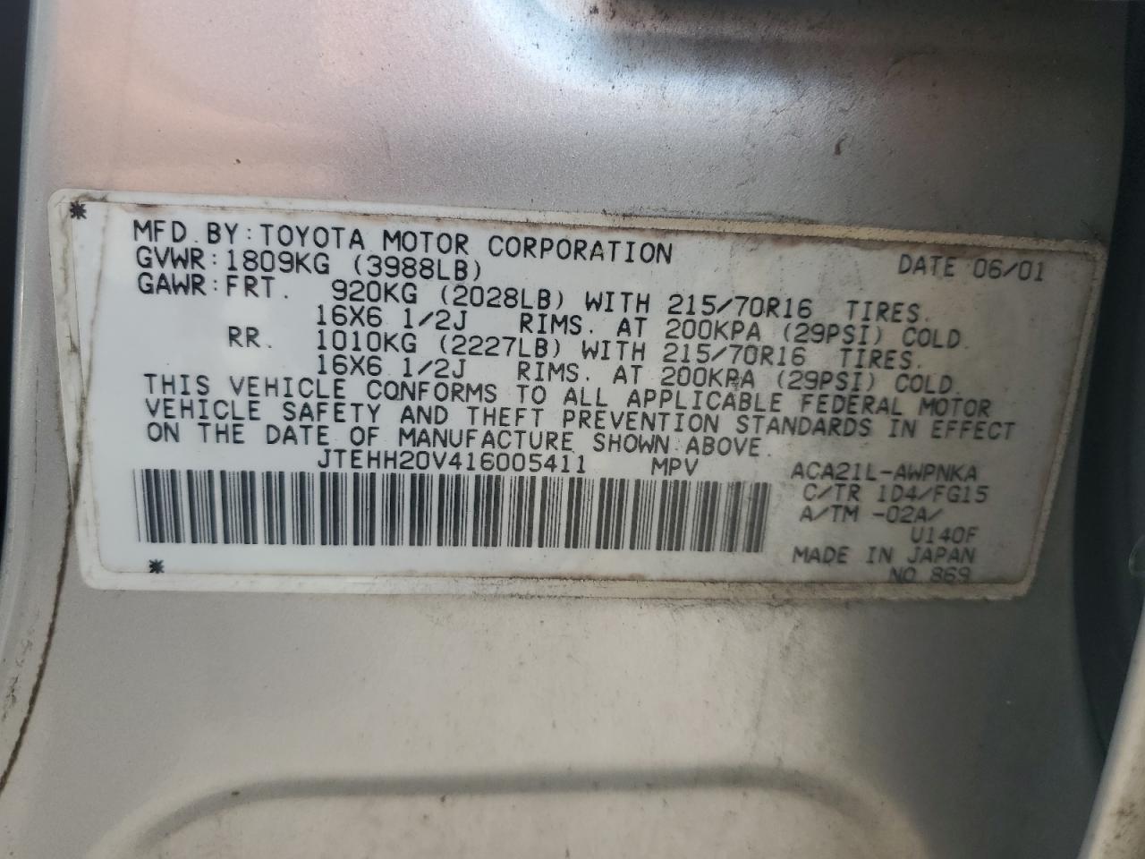 JTEHH20V416005411 2001 Toyota Rav4