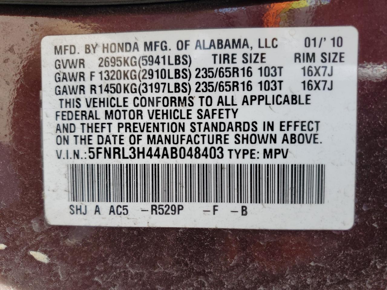 5FNRL3H44AB048403 2010 Honda Odyssey Ex