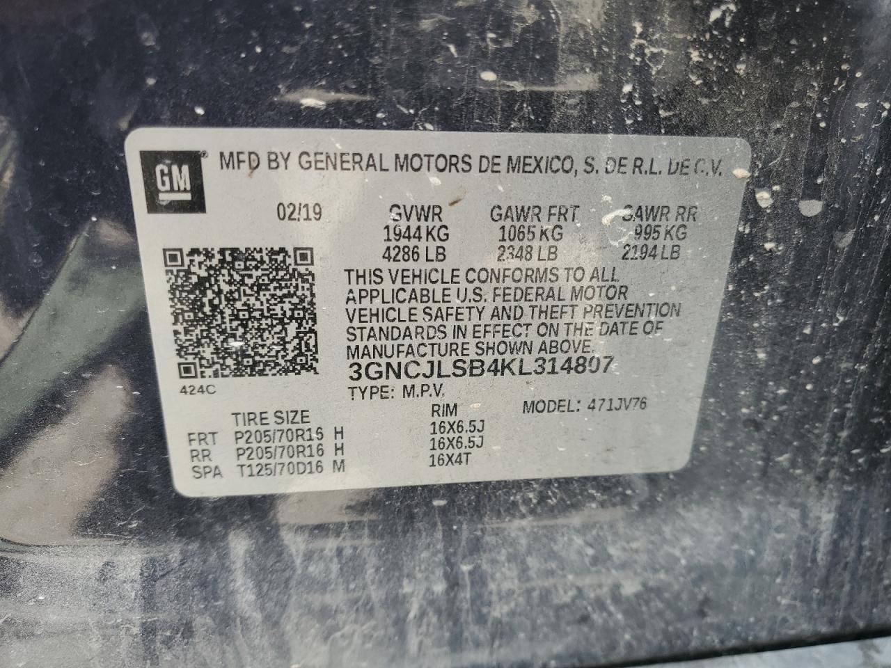 3GNCJLSB4KL314807 2019 Chevrolet Trax 1Lt