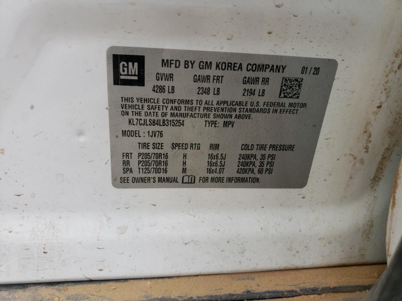 KL7CJLSB4LB315254 2020 Chevrolet Trax 1Lt