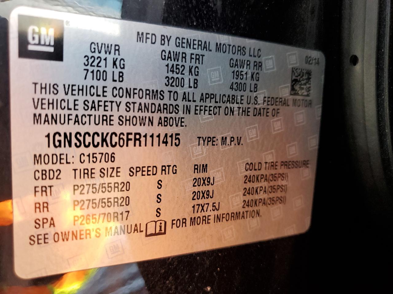 1GNSCCKC6FR111415 2015 Chevrolet Tahoe C1500 Ltz