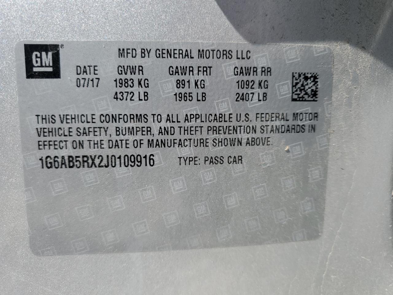 1G6AB5RX2J0109916 2018 Cadillac Ats Luxury