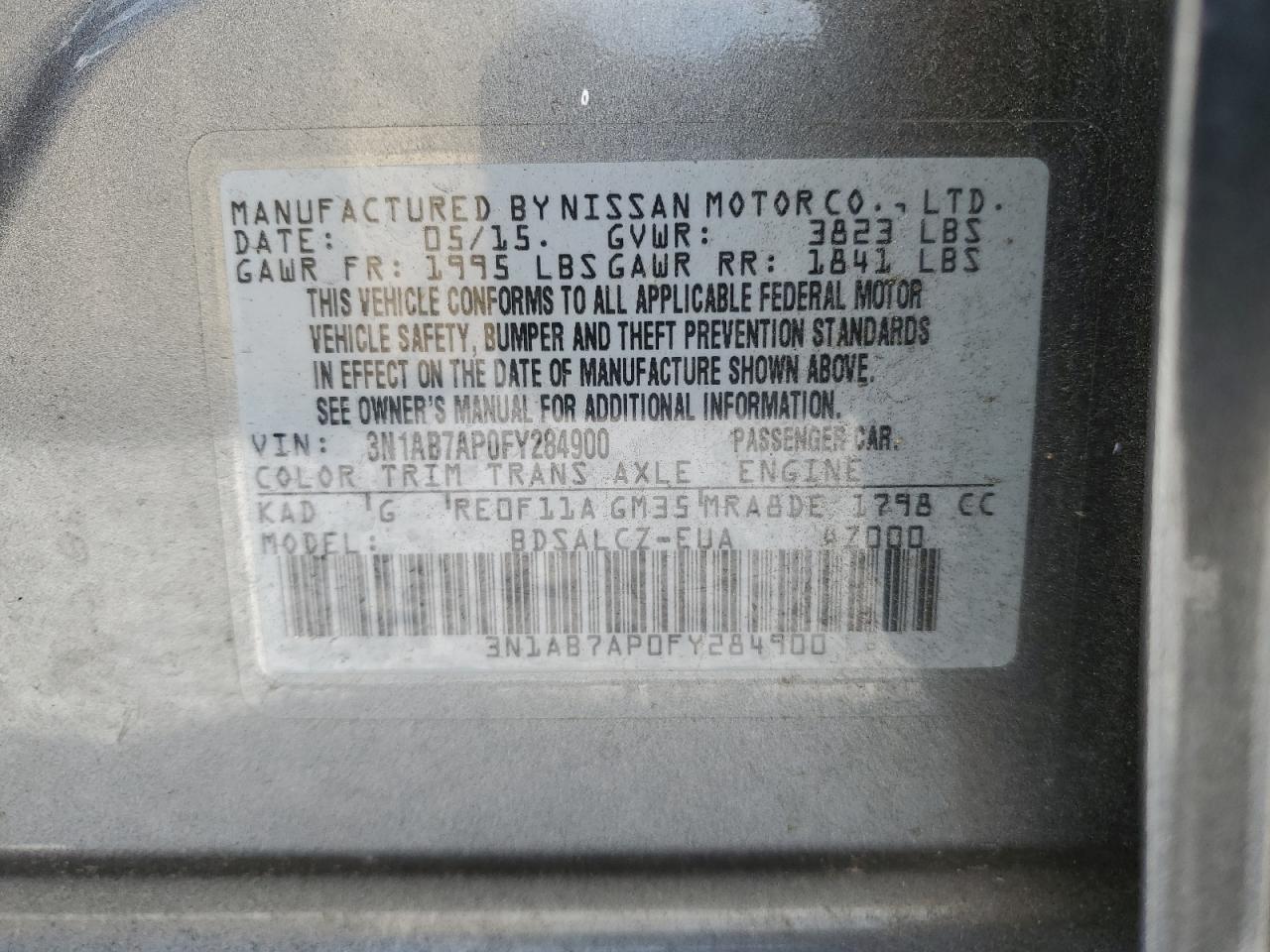 3N1AB7AP0FY284900 2015 Nissan Sentra S